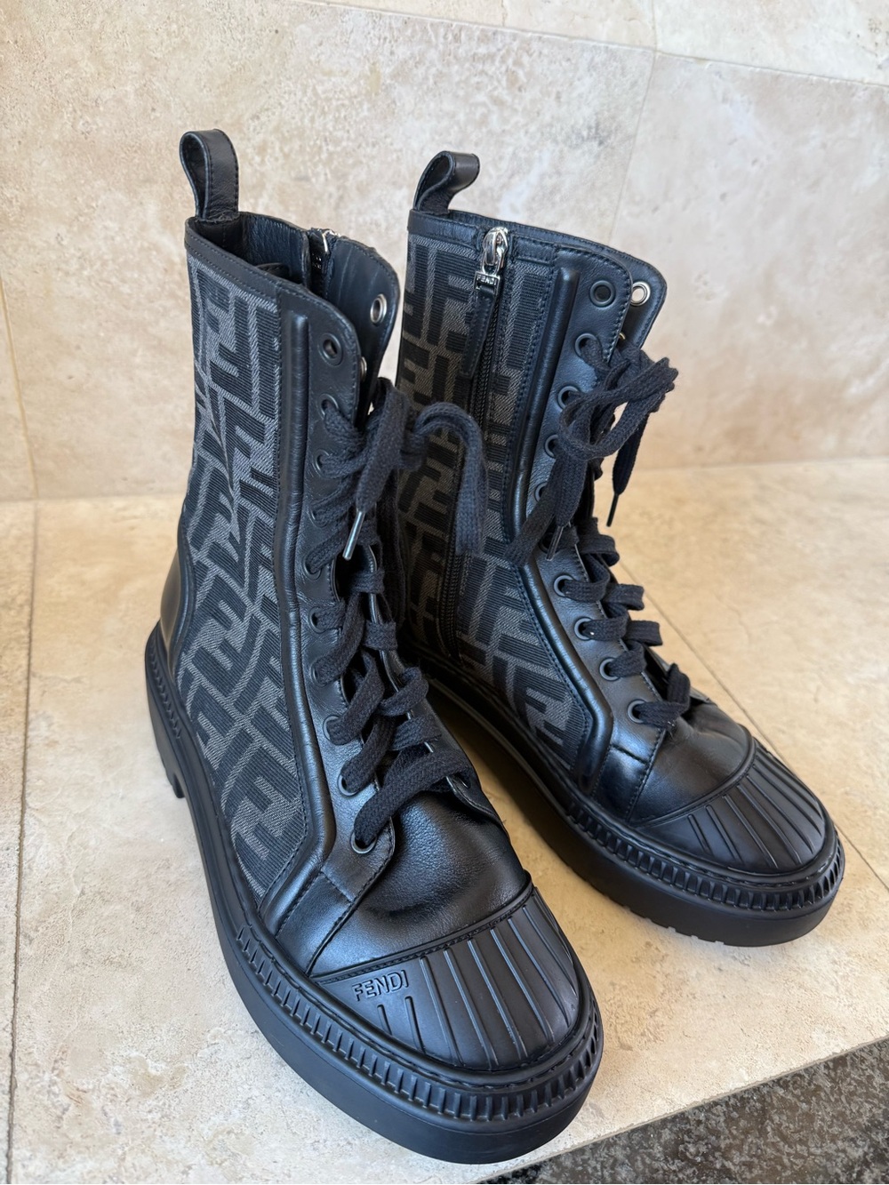 Fendi Black FF-Logo Lace-Up Combat Boots